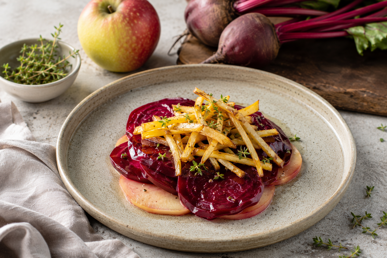 Rote-Bete-Apfel-Carpaccio mit knusprigen Gemüsestreifen und frischem Thymian.