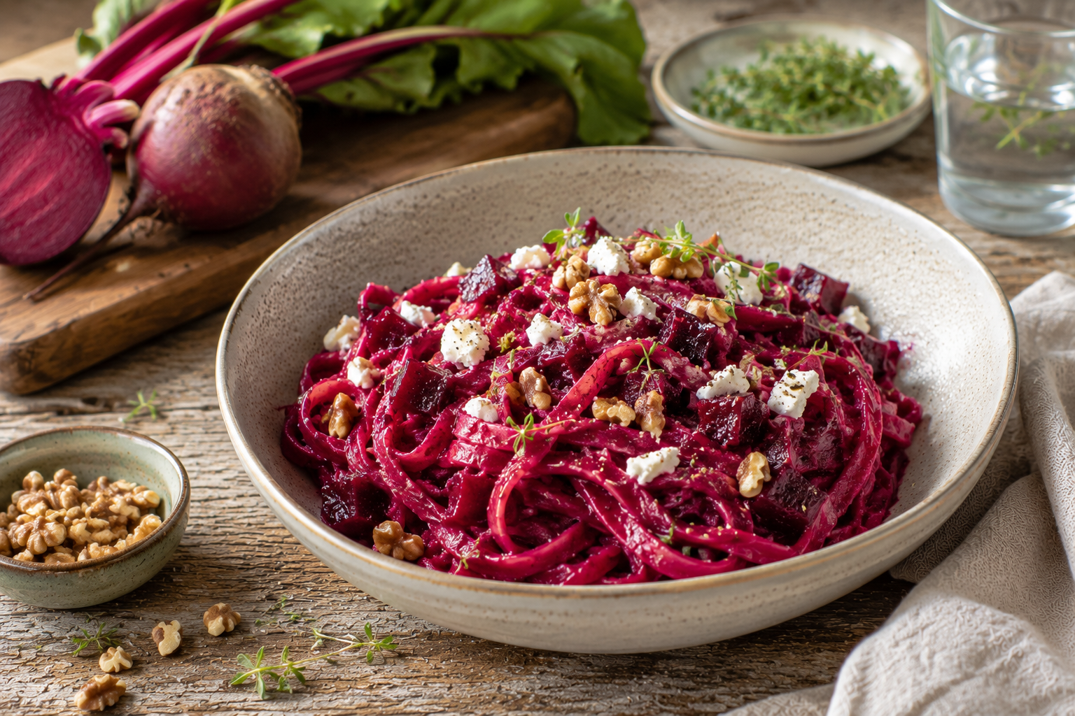 Cremige Rote-Bete-Pasta mit Fetakäse, Walnüssen und frischem Thymian.