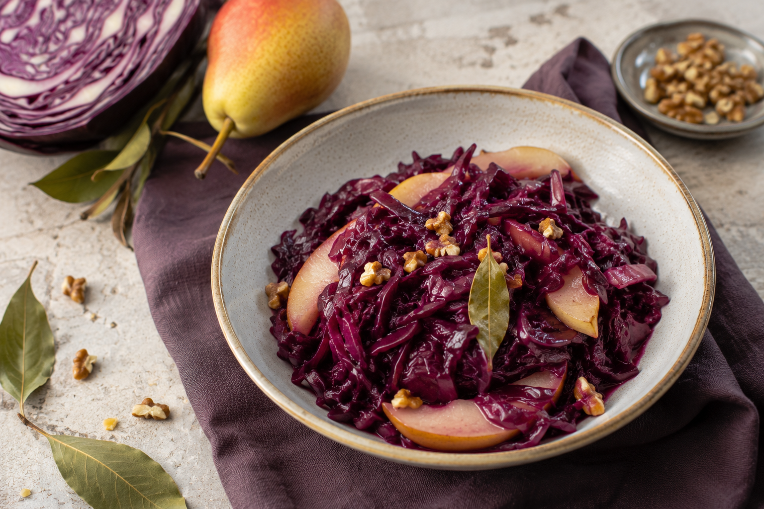 Geschmorter Rotkohl mit Birnenspalten, Walnüssen und Lorbeer.