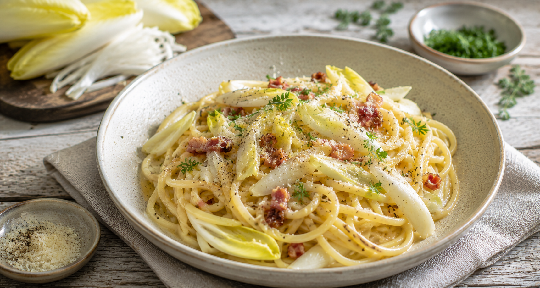 Cremige Spaghetti Carbonara mit Chicorée, Speck, Parmesan und frischen Kräutern.