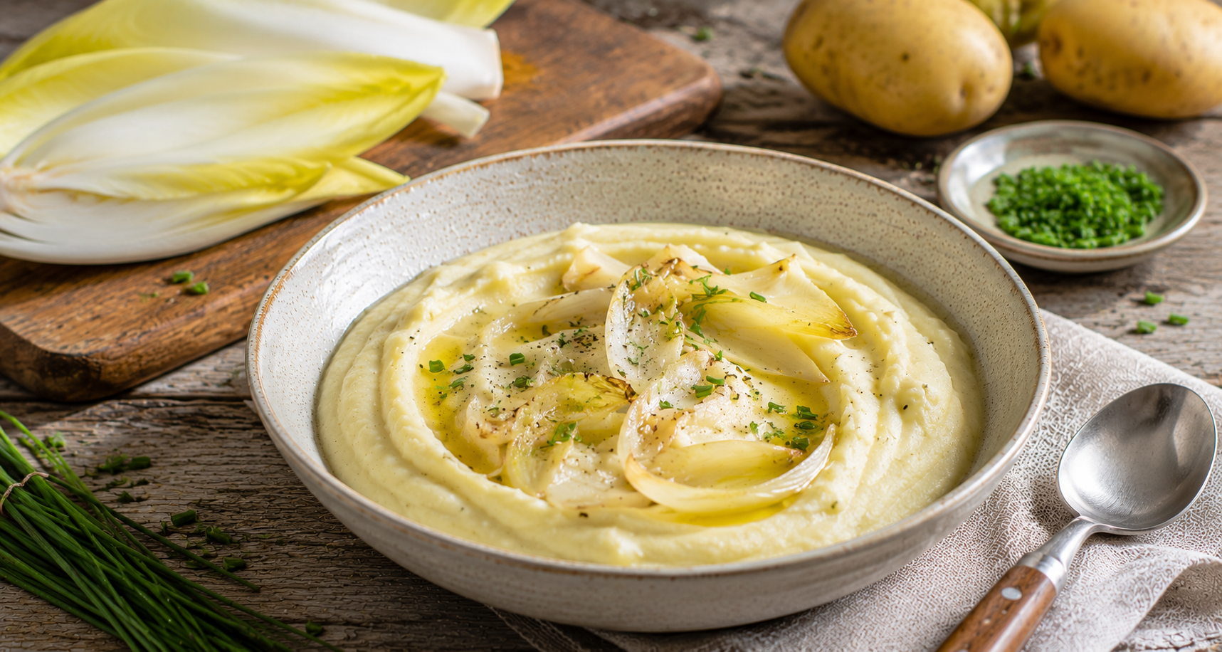 Cremiger Kartoffel-Chicorée-Stampf mit gebratenem Chicorée, Schnittlauch und schwarzem Pfeffer.