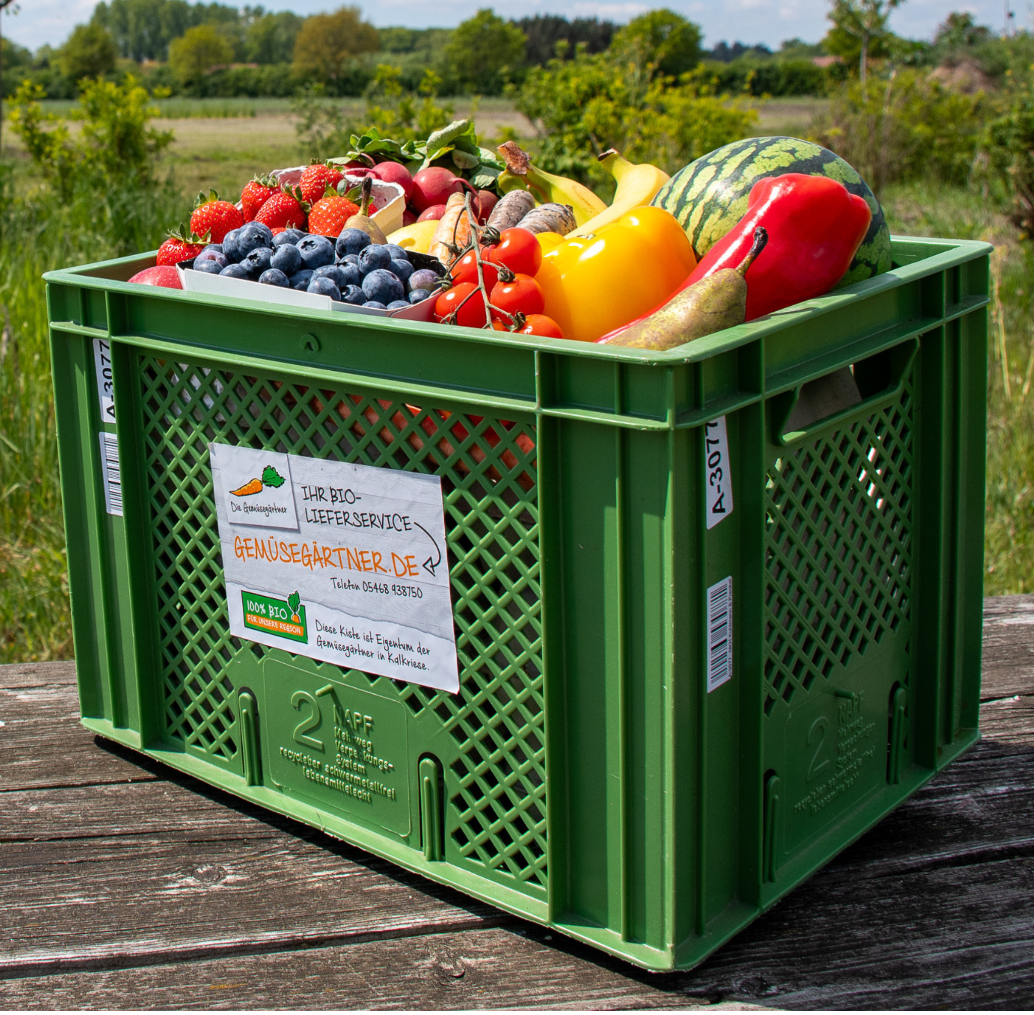 Prall gefüllte grüne Kiste von Die Gemüsegärtner mit Obst und Gemüse