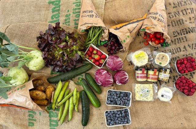 Sicht von Oben auf verschiedene regionale Produkte, wie Obst, Gemüse, Käse und Aufstriche.