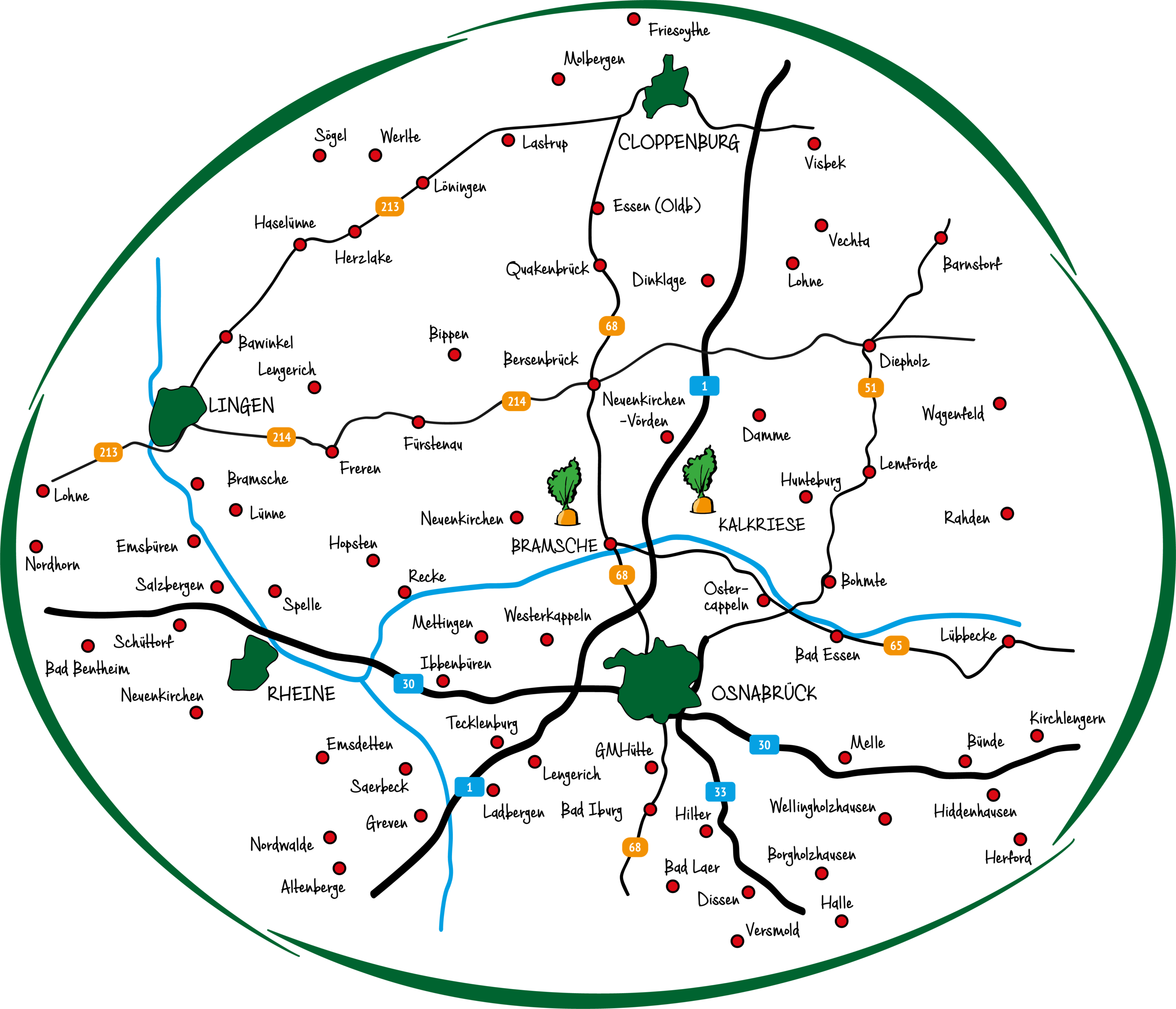 Liefergebiet Gemüsegärtner, eine Landkarte mit Orten, wo die Gemüsegärtner liefern